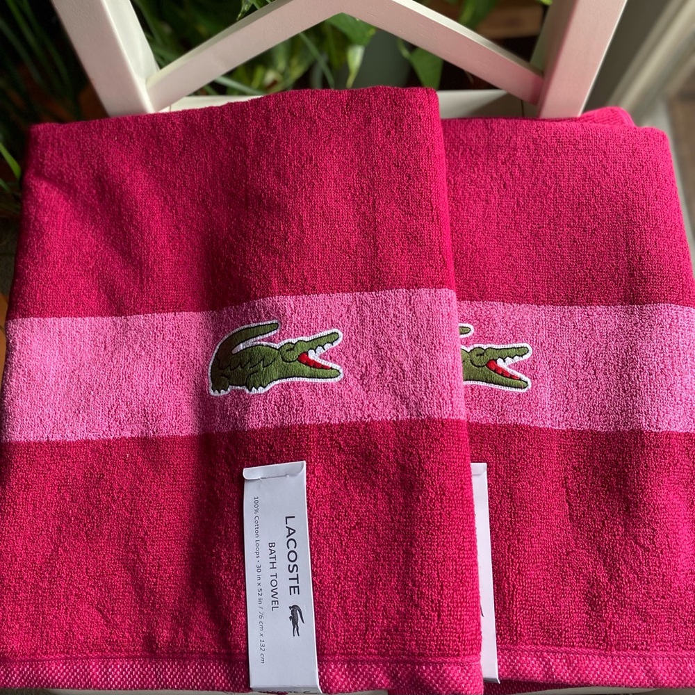Lacoste Hot Pink Bath Towel 100% Cotton 30" x 52" Big Crocodile Logo Quantity 2